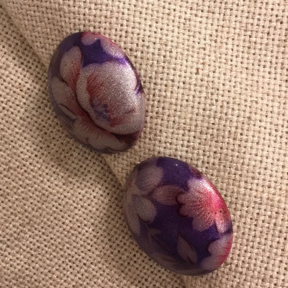 Vintage Purple Glitter Floral Button Earrings - Picture 8 of 8